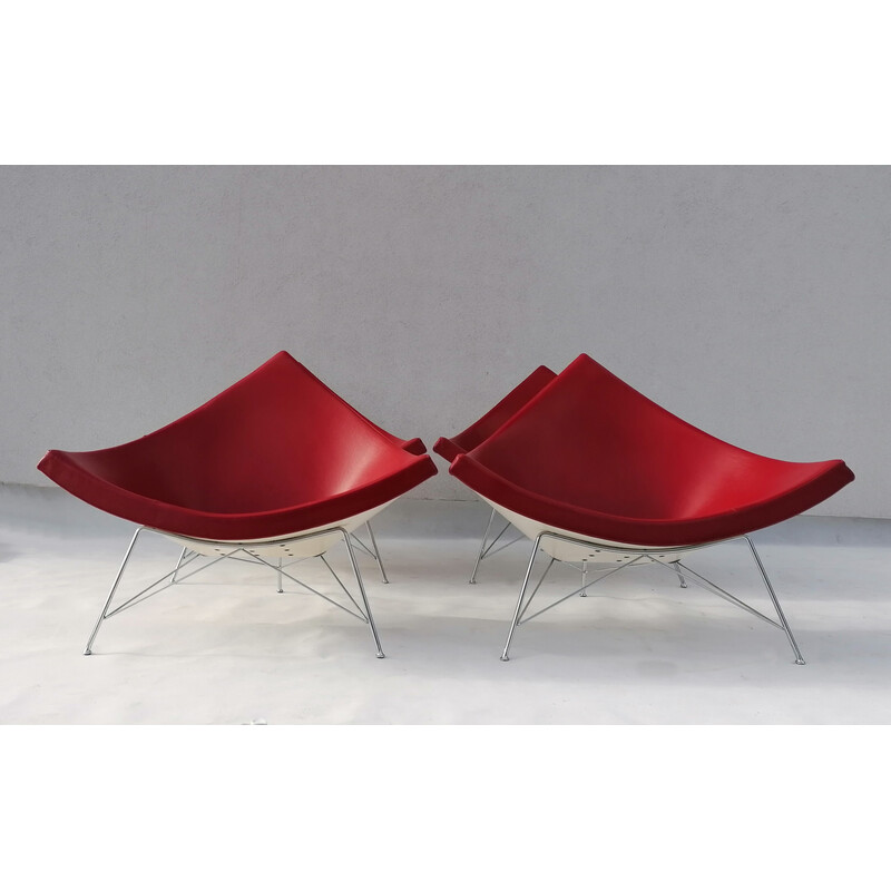 Set of 4 vintage Coconut lounge chairs in red leather by George Nelson for Vitra