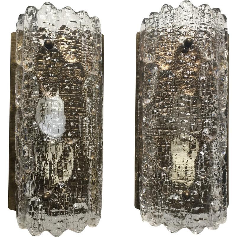 Pair of vintage brass and glass wall lamps by Carl Fagerlund for Orrefors, Sweden 1970