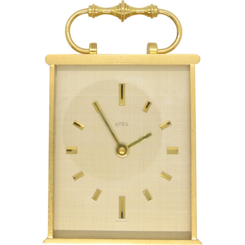 Vintage hollywood regency brass travel clock by Emes, Germany 1970s