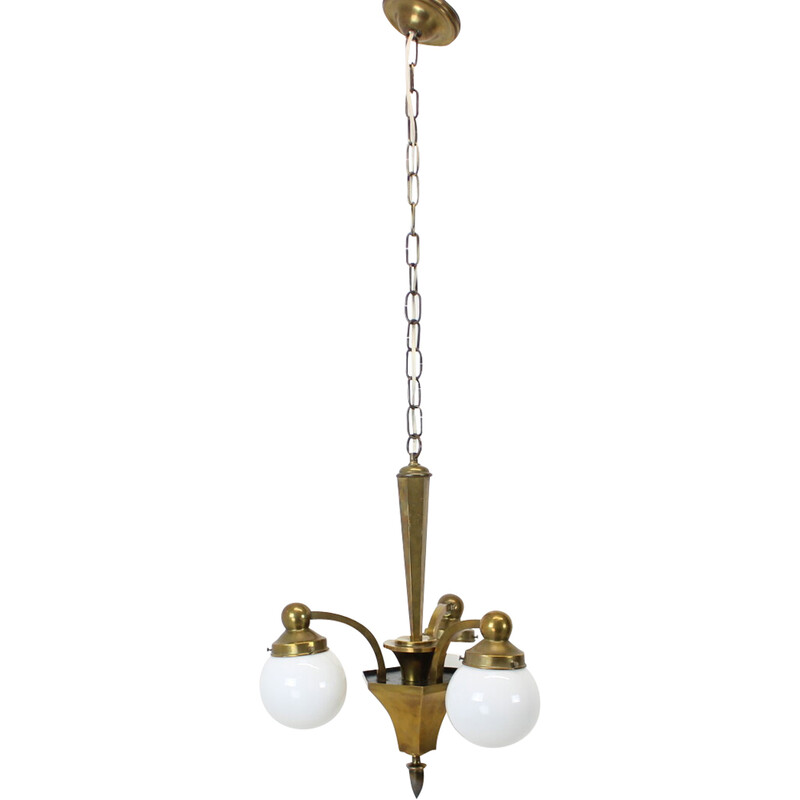 Vintage Art Deco chandelier in glass and brass, 1920s