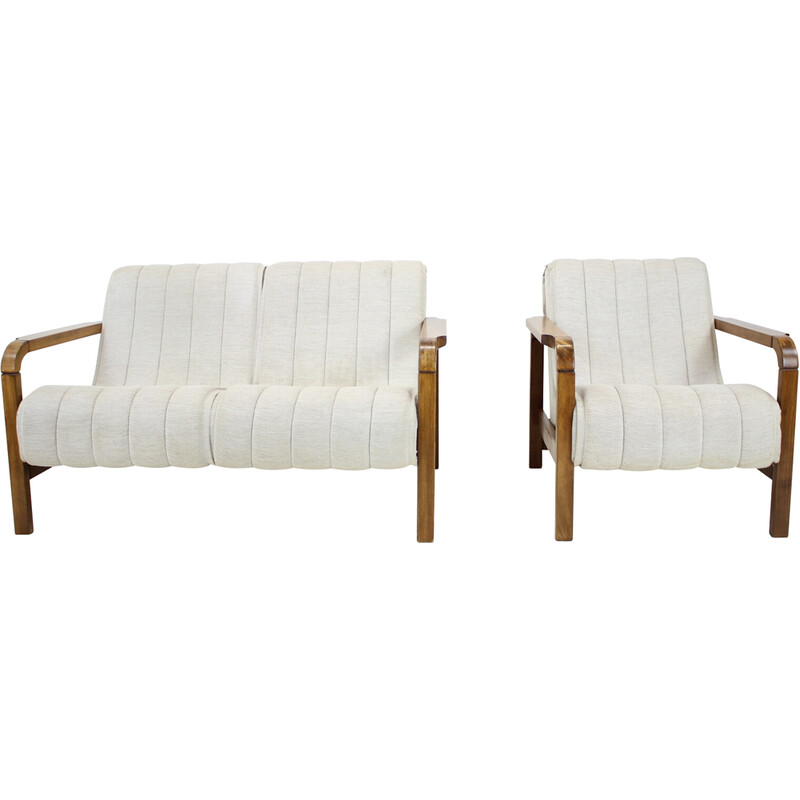 Pair of vintage sofas in fabric and wood, Czechoslovakia 1970