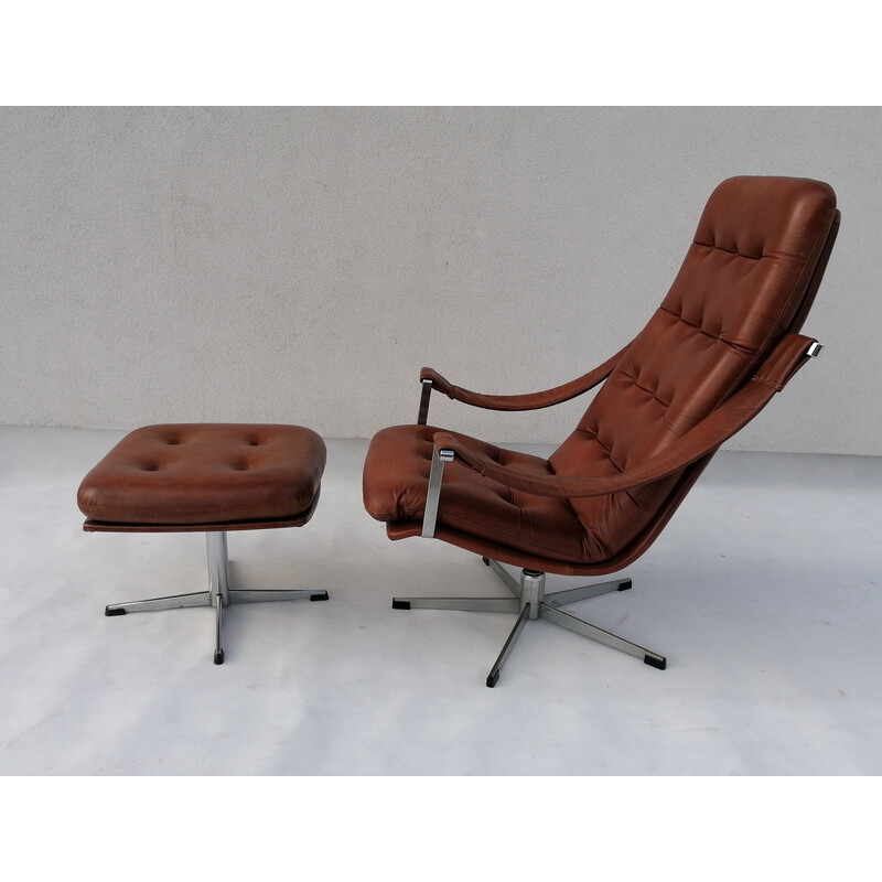 Vintage leather lounge chair with ottoman by Geoffrey Harcourt for Artifort, 1960s