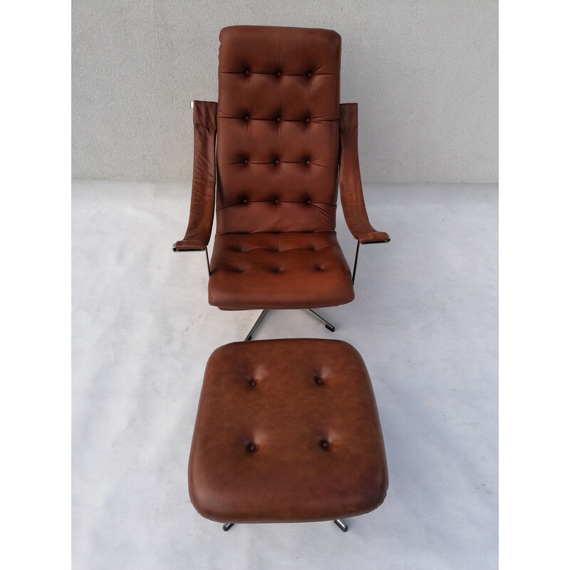 Vintage leather lounge chair with ottoman by Geoffrey Harcourt for Artifort, 1960s