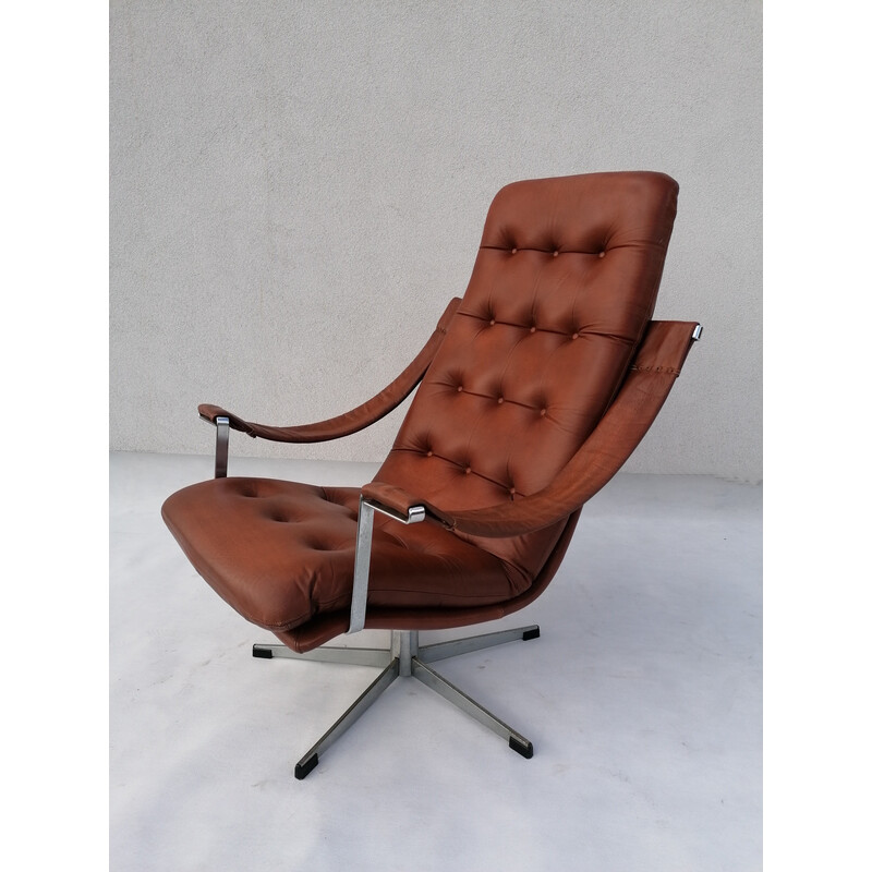 Vintage leather lounge chair with ottoman by Geoffrey Harcourt for Artifort, 1960s