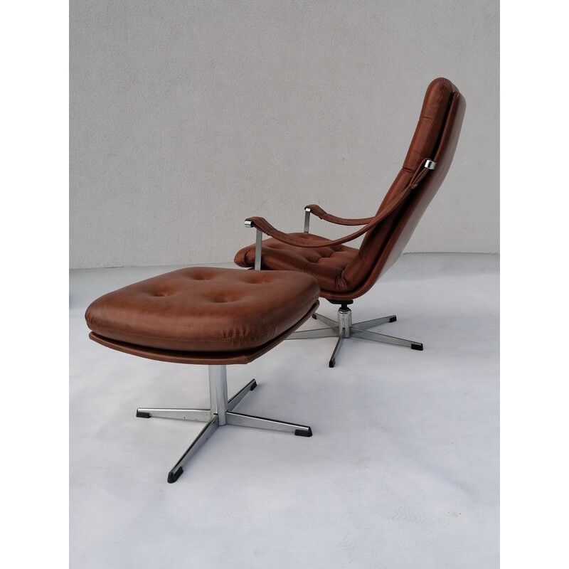 Vintage leather lounge chair with ottoman by Geoffrey Harcourt for Artifort, 1960s