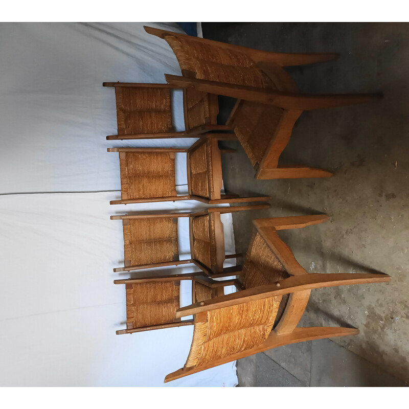 Set of 6 vintage oakwood and straw chairs by Guillerme and Chambron for Notre maison, 1950s