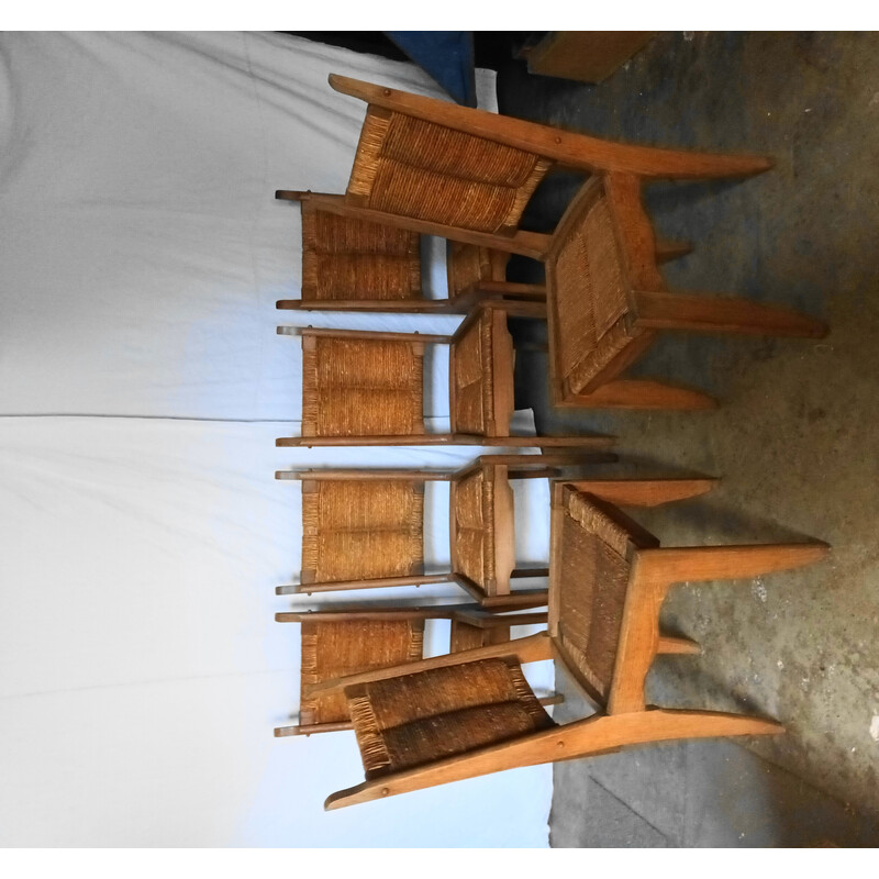 Set van 6 vintage stoelen van eikenhout en stro door Guillerme en Chambron voor Notre Maison, 1950