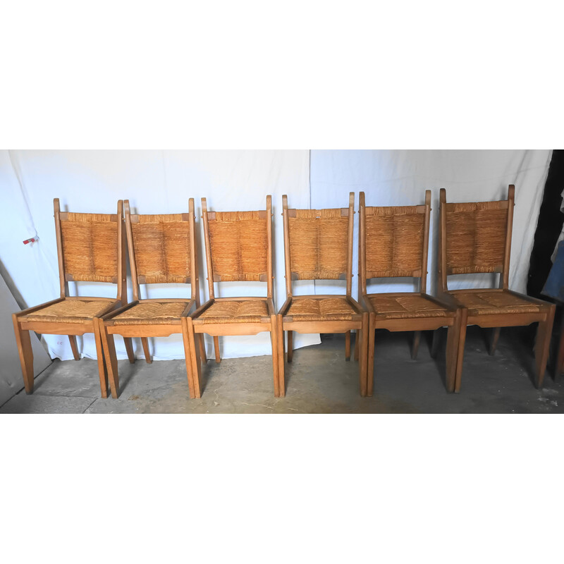 Set of 6 vintage oakwood and straw chairs by Guillerme and Chambron for Notre maison, 1950s