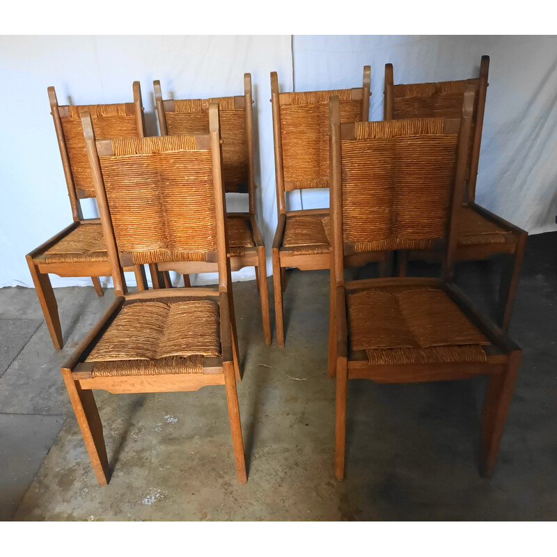 Set of 6 vintage oakwood and straw chairs by Guillerme and Chambron for Notre maison, 1950s