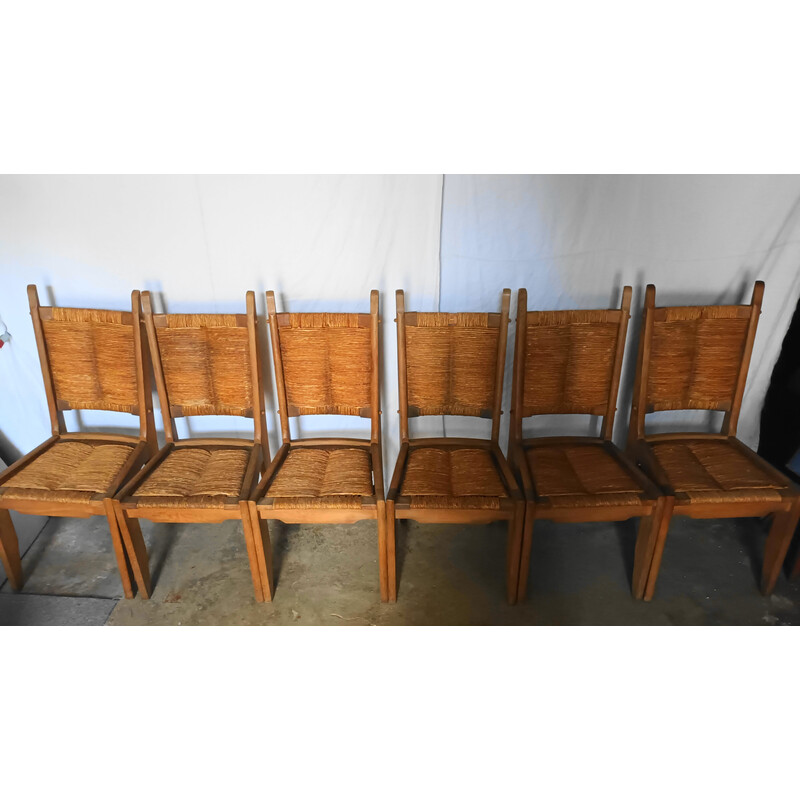 Set of 6 vintage oakwood and straw chairs by Guillerme and Chambron for Notre maison, 1950s