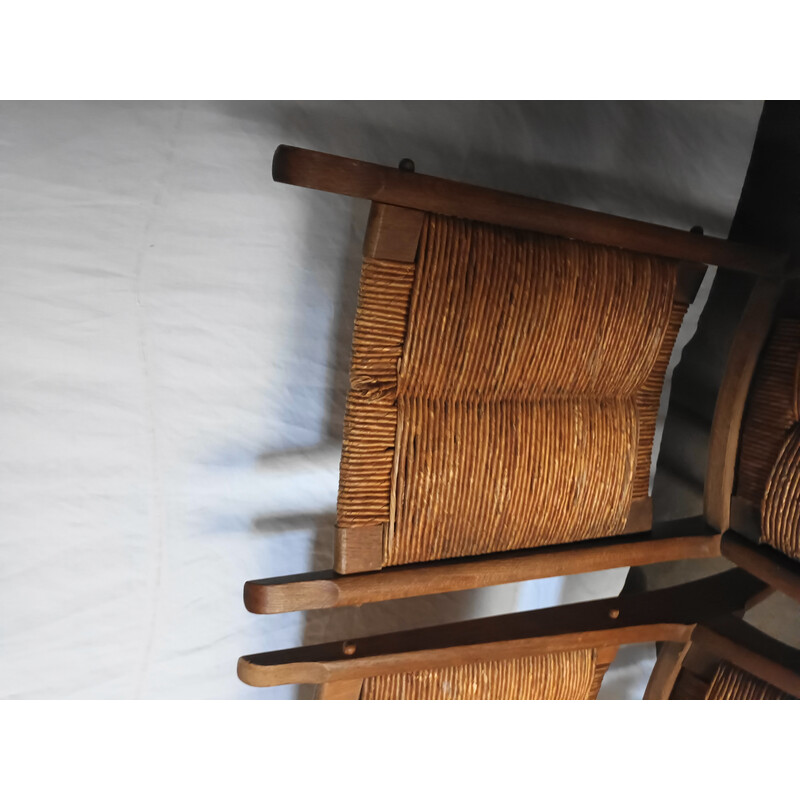 Juego de 6 sillas vintage de roble y paja de Guillerme y Chambron para Notre Maison, 1950