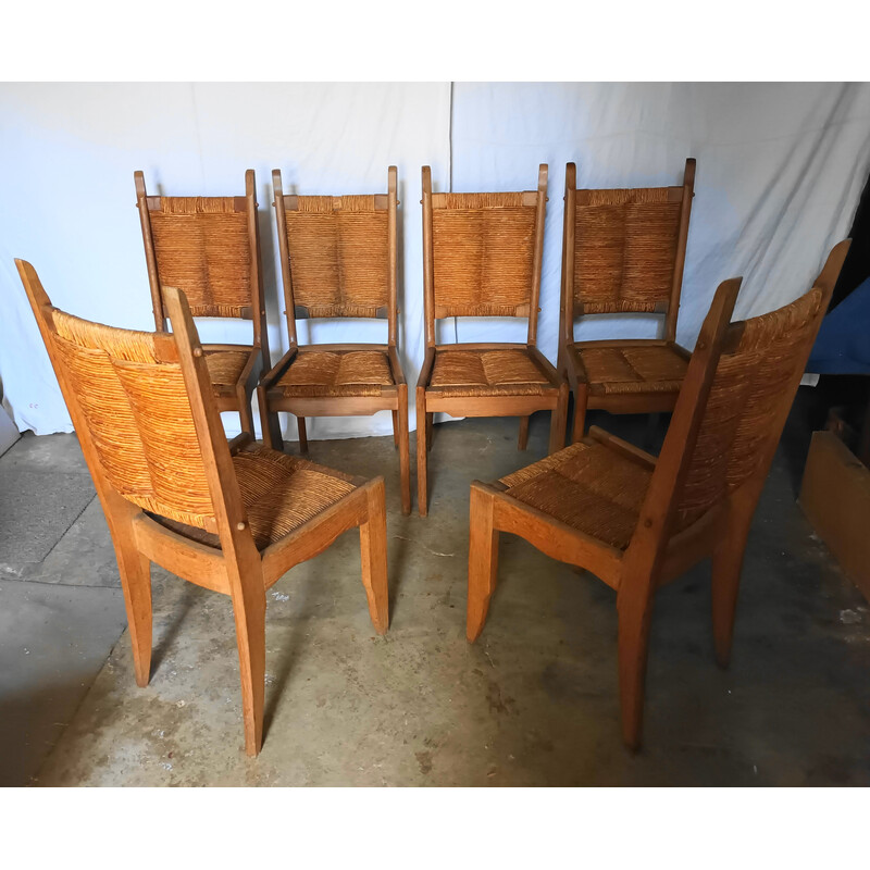 Set of 6 vintage oakwood and straw chairs by Guillerme and Chambron for Notre maison, 1950s