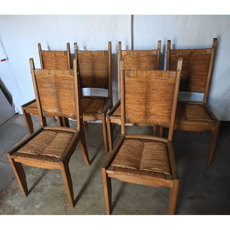 Set of 6 vintage oakwood and straw chairs by Guillerme and Chambron for Notre maison, 1950s