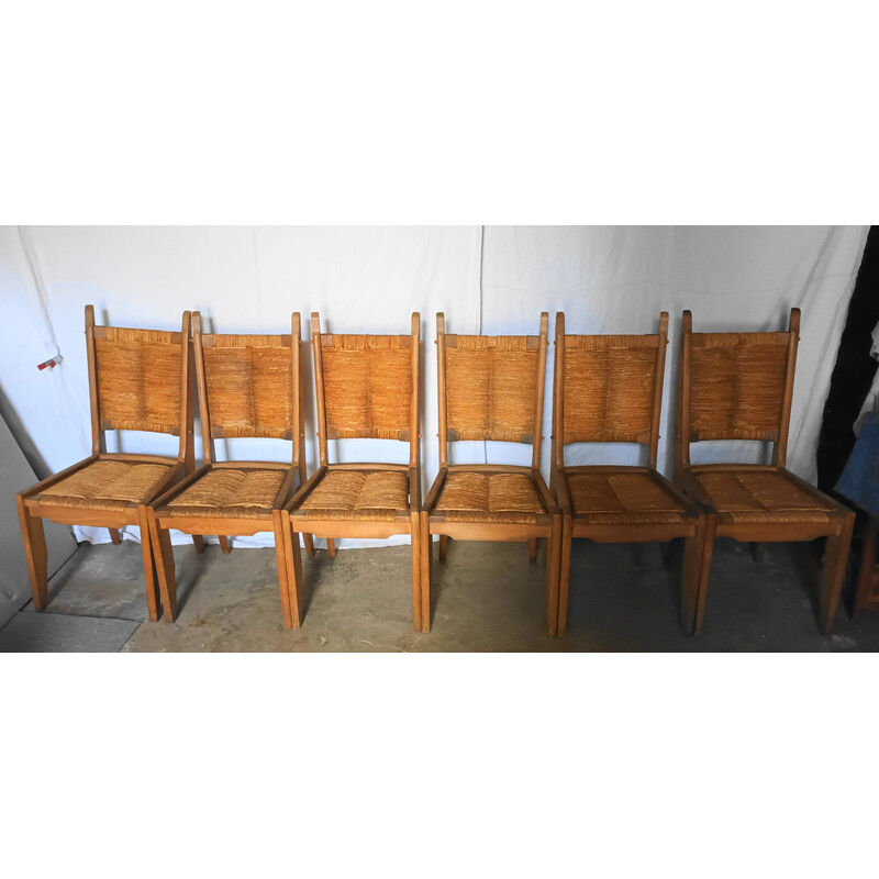 Set di 6 sedie vintage in rovere e paglia di Guillerme e Chambron per Notre Maison, 1950