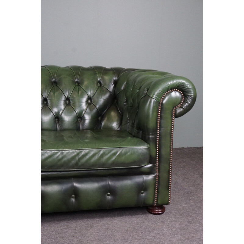 Vintage green sturdy cow leather Chesterfield sofa