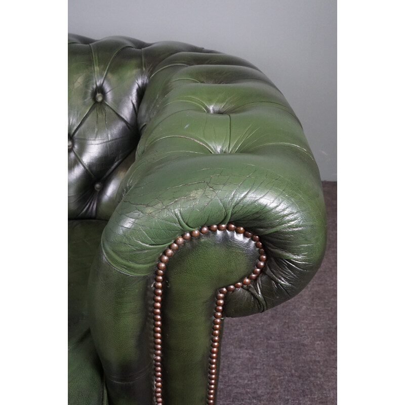 Vintage green sturdy cow leather Chesterfield sofa