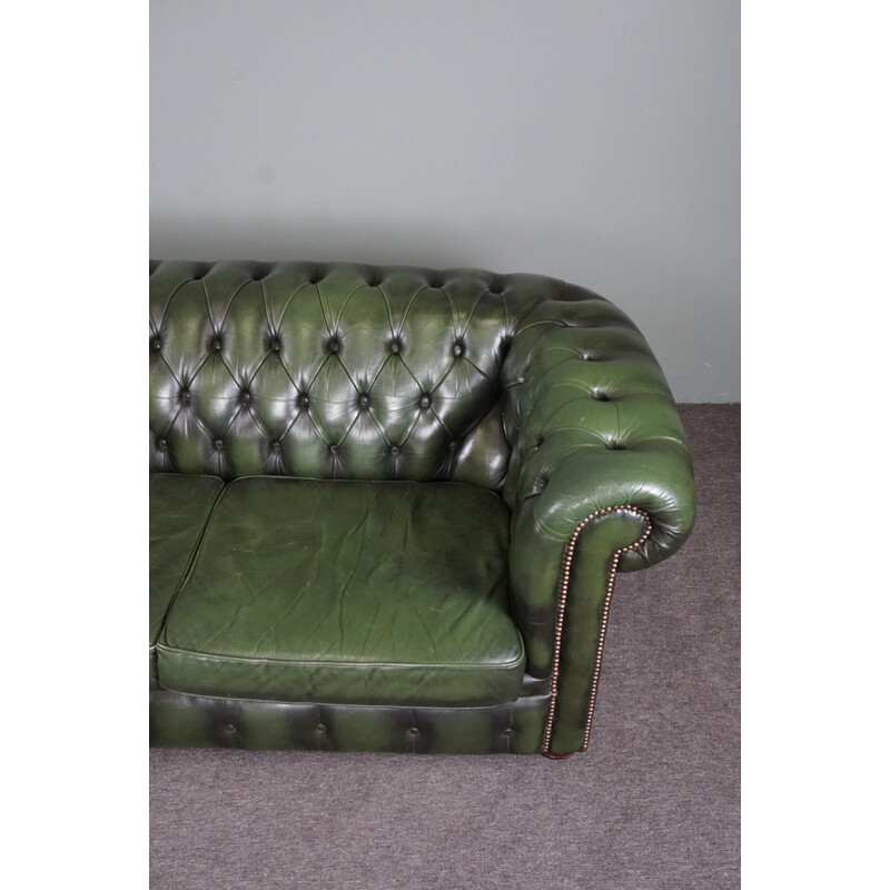 Vintage green sturdy cow leather Chesterfield sofa