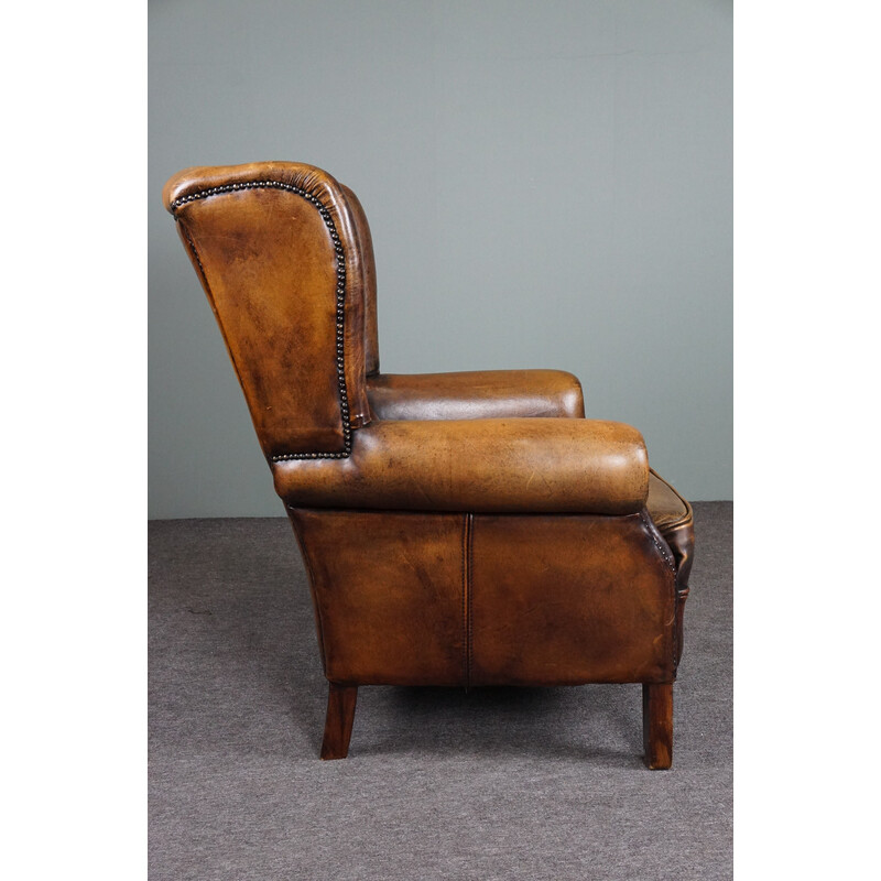Vintage sheep leather wing armchair
