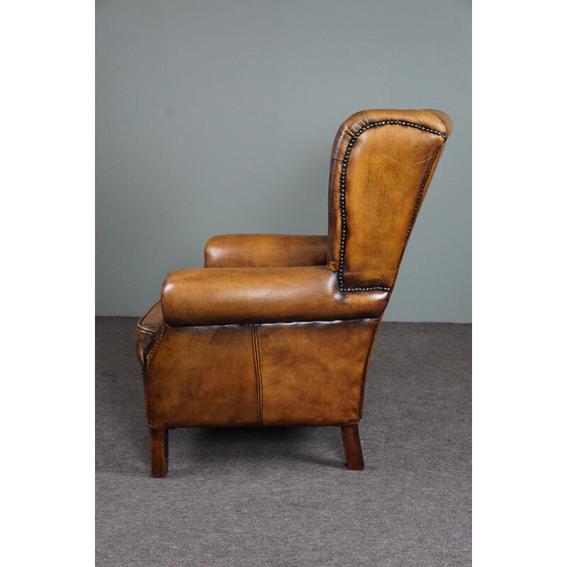 Vintage sheep leather wing armchair