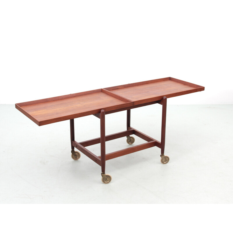 Scandinavian vintage teak serving table with double tray by Poul Hundevad for Hundevad