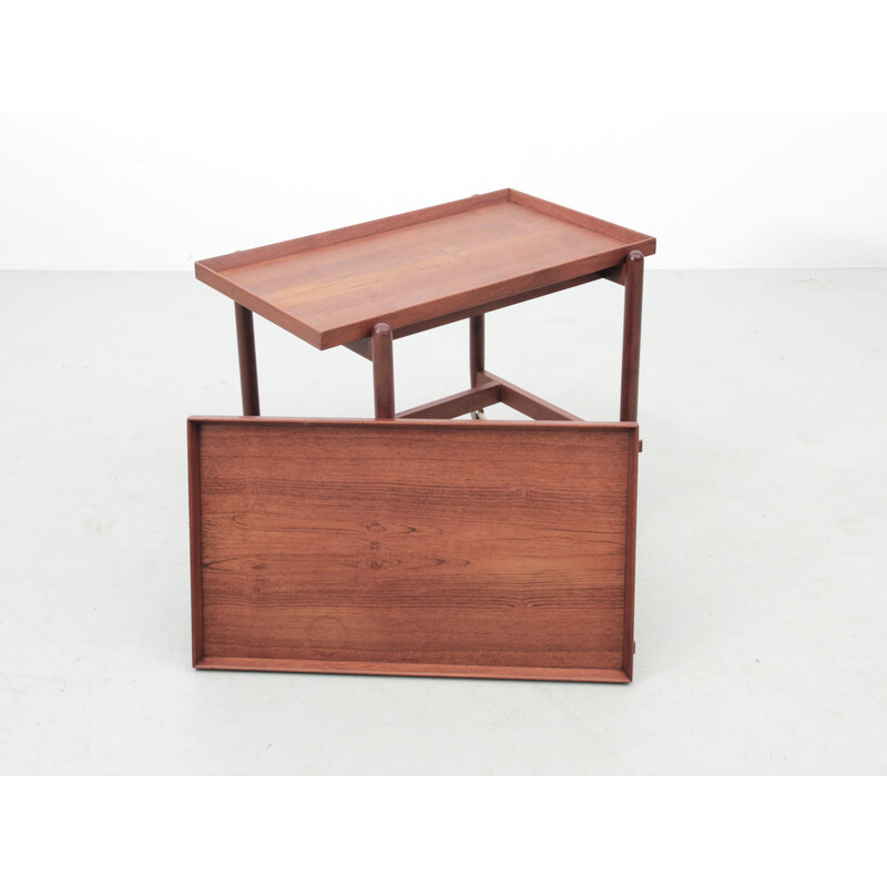 Scandinavian vintage teak serving table with double tray by Poul Hundevad for Hundevad