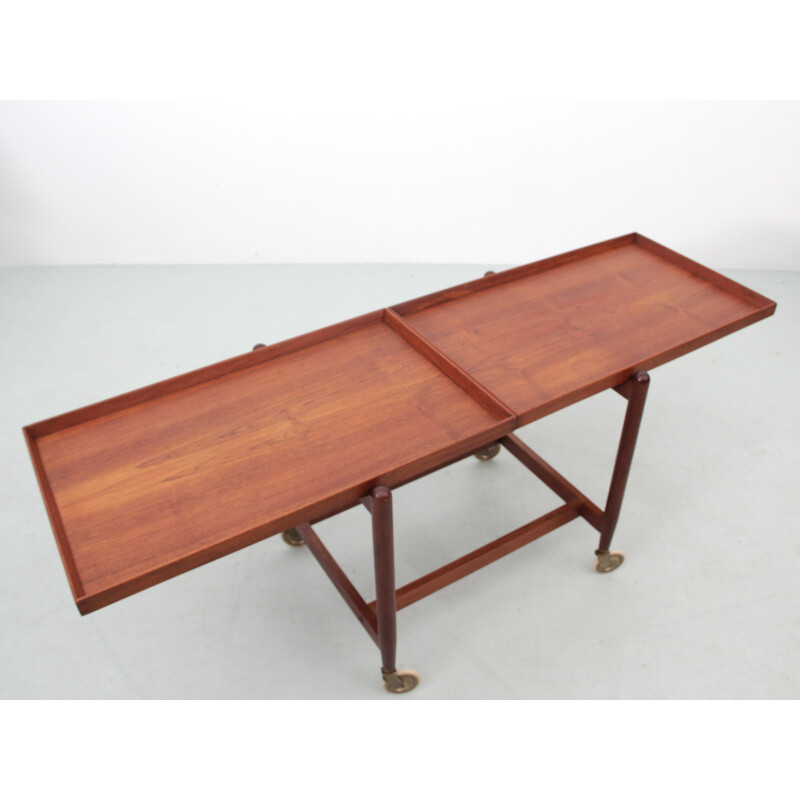 Scandinavian vintage teak serving table with double tray by Poul Hundevad for Hundevad