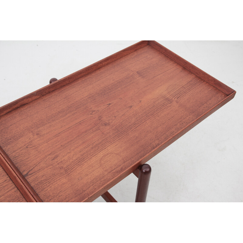 Scandinavian vintage teak serving table with double tray by Poul Hundevad for Hundevad