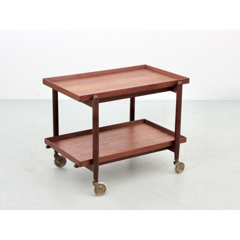 Scandinavian vintage teak serving table with double tray by Poul Hundevad for Hundevad