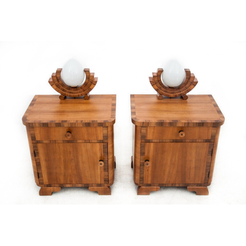 Pair of vintage Art Deco night stands with lamps, Poland 1950s