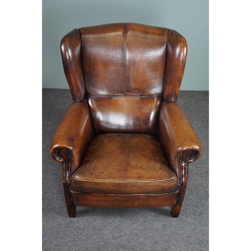 Fauteuil à oreilles vintage en cuir de mouton