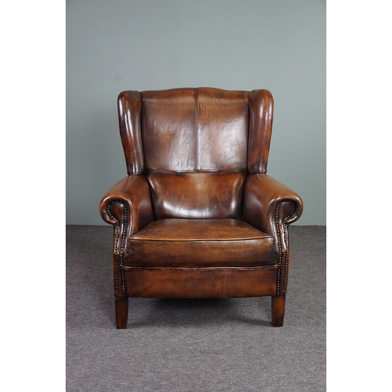 Fauteuil à oreilles vintage en cuir de mouton