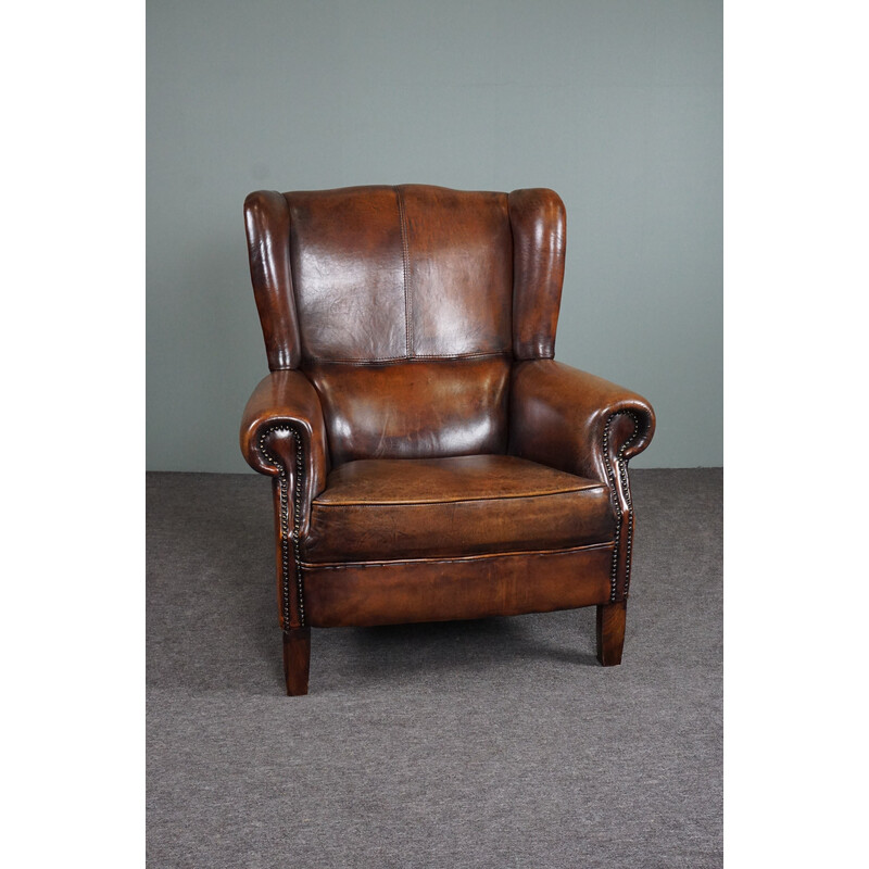 Vintage sheep leather wing armchair