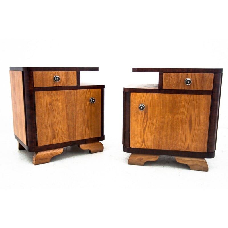 Pair of vintage night stands with lamps, Poland 1950s