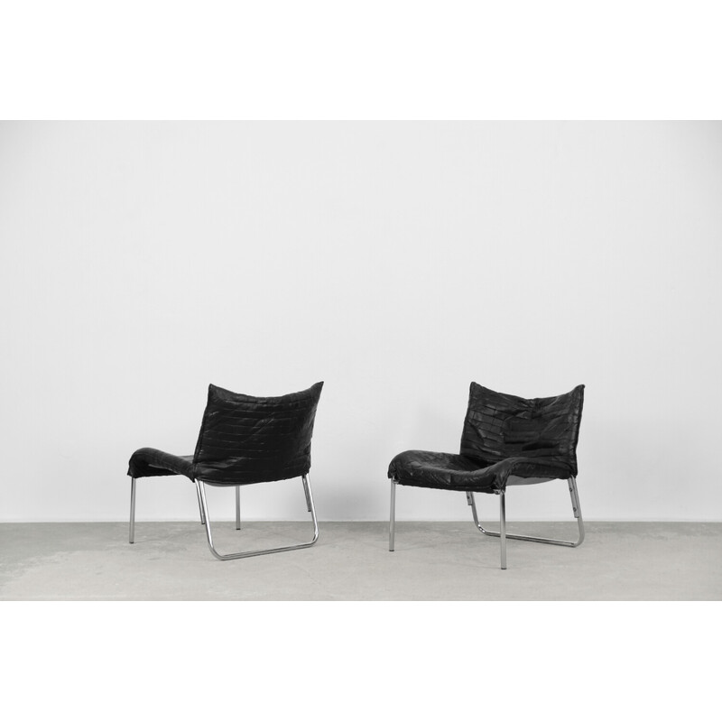 Pair of vintage Scandinavian black patchwork leather armchairs by Ikea, 1980s