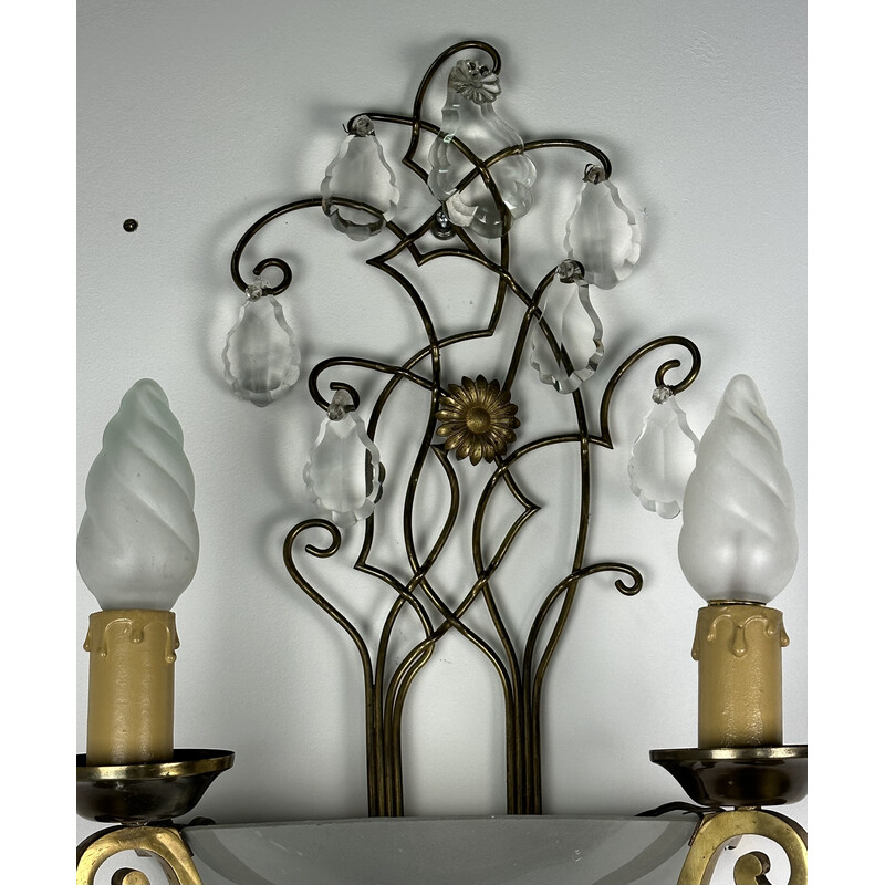 Pair of vintage brass wall lamps with papilla decor, 1940-1950