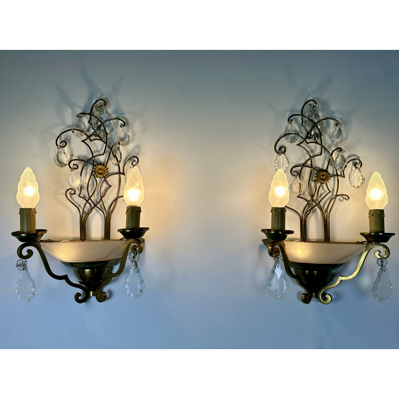 Paar vintage messing wandlampen met papil decoraties, 1940-1950