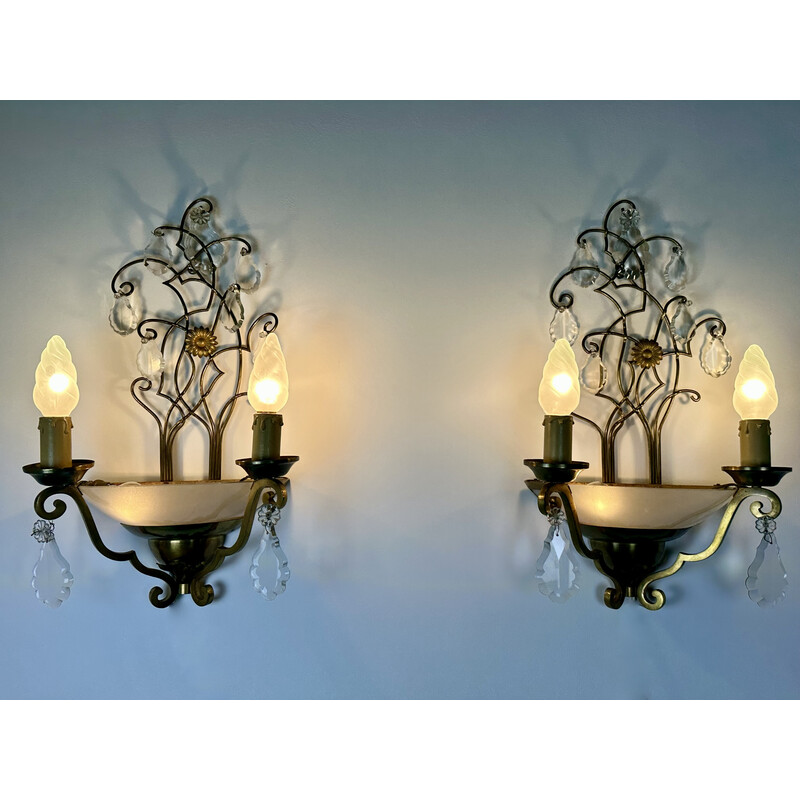 Pair of vintage brass wall lamps with papilla decor, 1940-1950