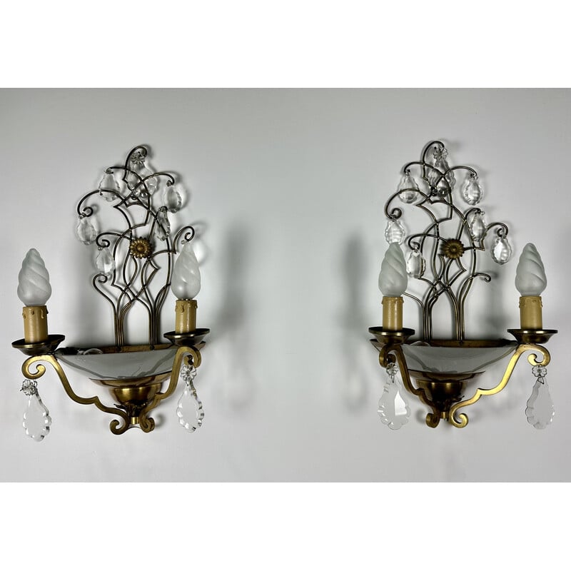 Pair of vintage brass wall lamps with papilla decor, 1940-1950