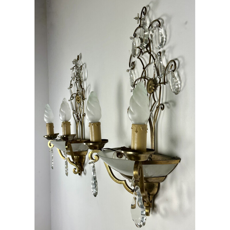 Pair of vintage brass wall lamps with papilla decor, 1940-1950