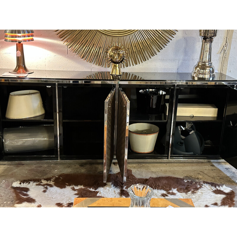 Vintage sideboard in black lacquer and chromed metal, Italy 1970