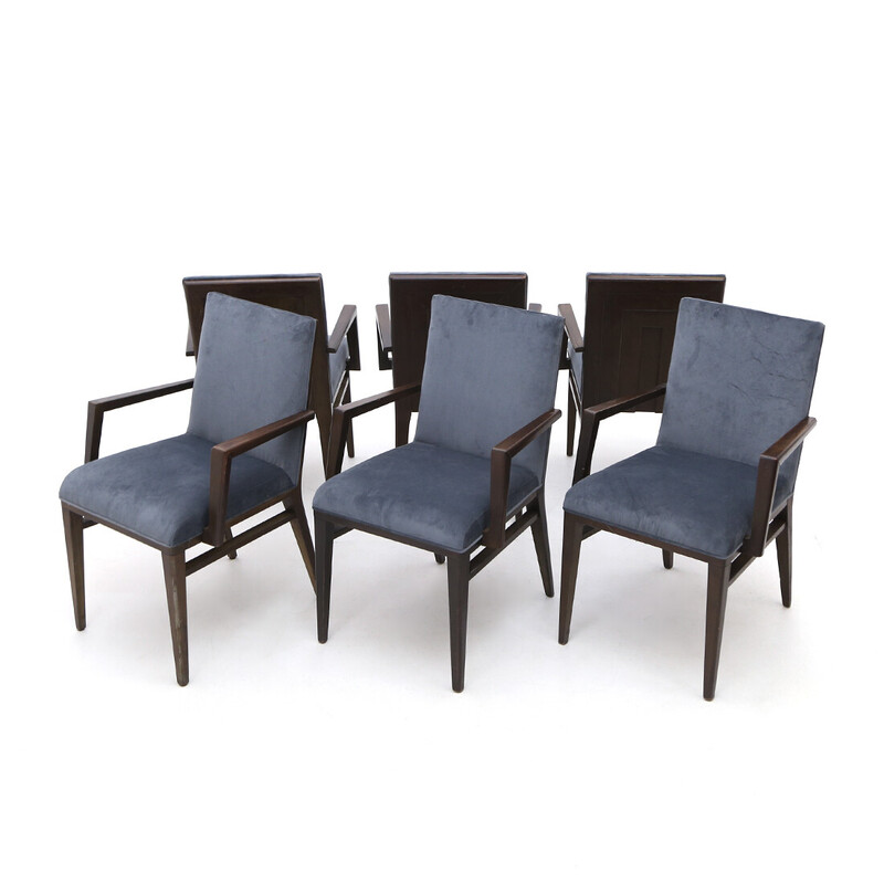 Set of 6 vintage chairs in wood and velvet, Italy 1970