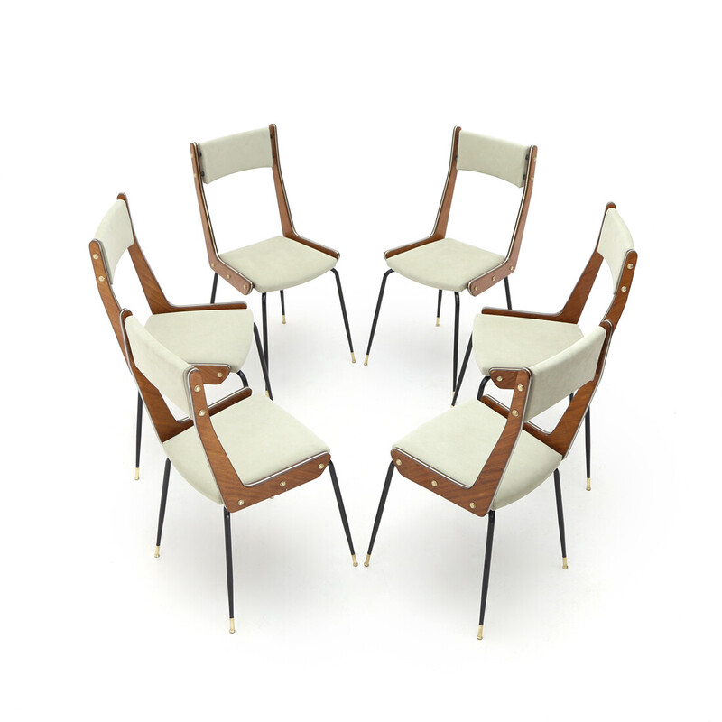 Set of 6 vintage chairs in wood and fabric for Rb Rossana, Italy 1960
