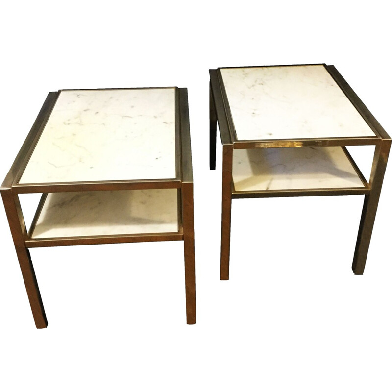 Pair of vintage Carrara marble and metal base sofa ends, 1970