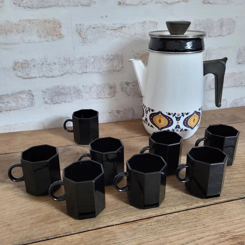 Set of 8 vintage black arcopal coffee cups