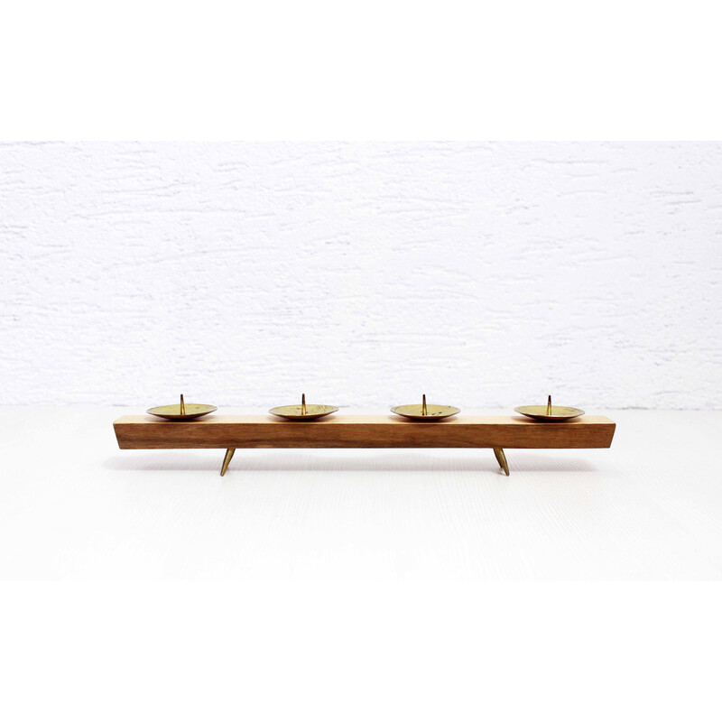 Vintage Scandinavian wood and brass candlestick, 1960s