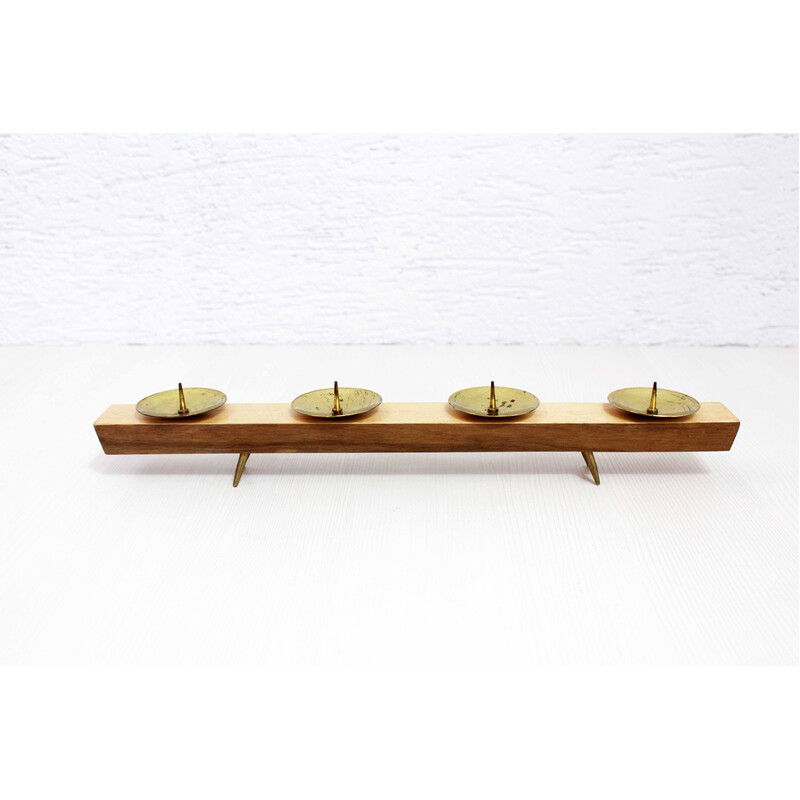 Bougeoir scandinave vintage en bois et laiton, 1960