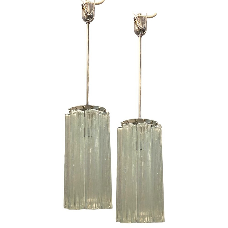 Pair of vintage Murano glass Tronchi pendant lamps, 1980s