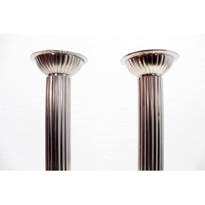 Pair of vintage Art Deco candlesticks in silver metal, 1950s