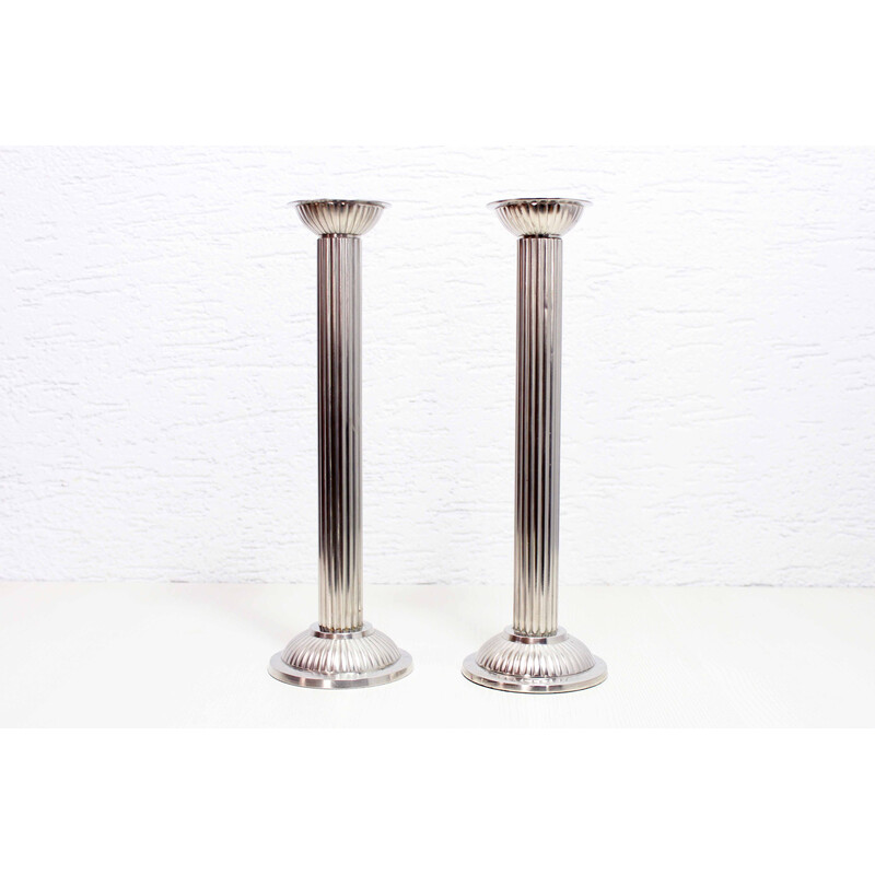 Pair of vintage Art Deco candlesticks in silver metal, 1950s