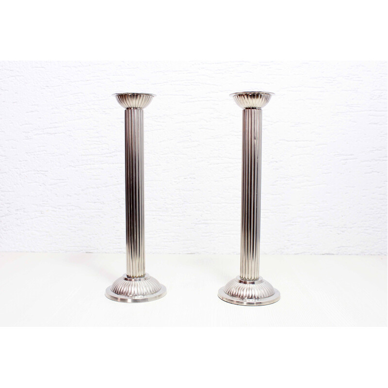 Pair of vintage Art Deco candlesticks in silver metal, 1950s